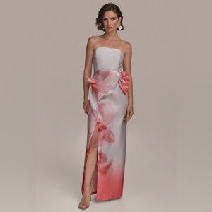 Donna Karan Strapless Dress with Pink Floral Design